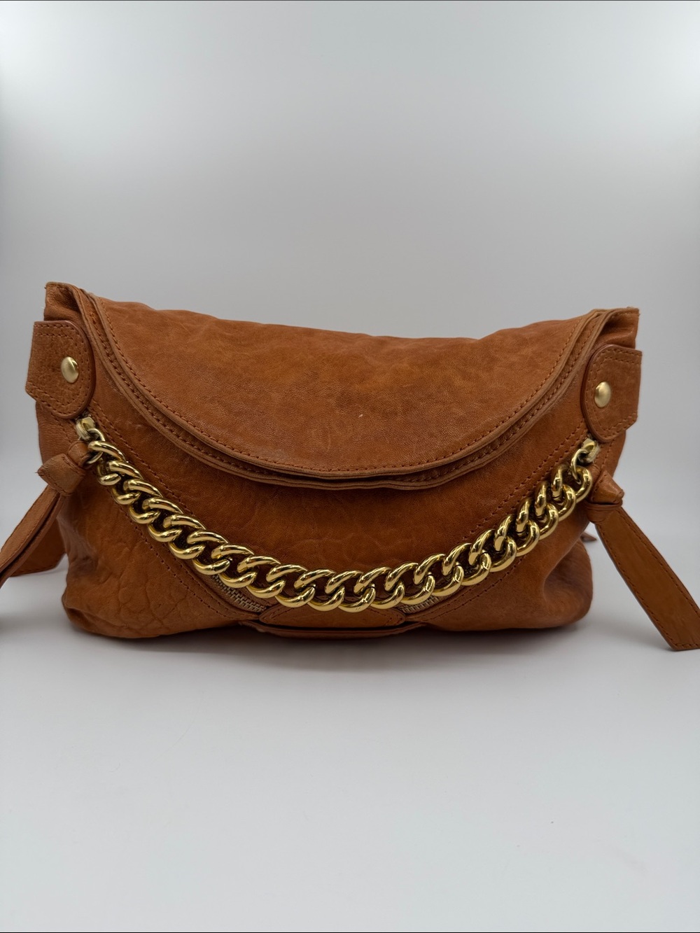 Isabella Fiore Tan Leather Clutch with Gold Chain